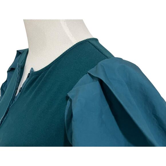 English Factory Top Puff Sleeve Henley Blouse Teal Blue Stretch Knit Size Small - Picture 3 of 10
